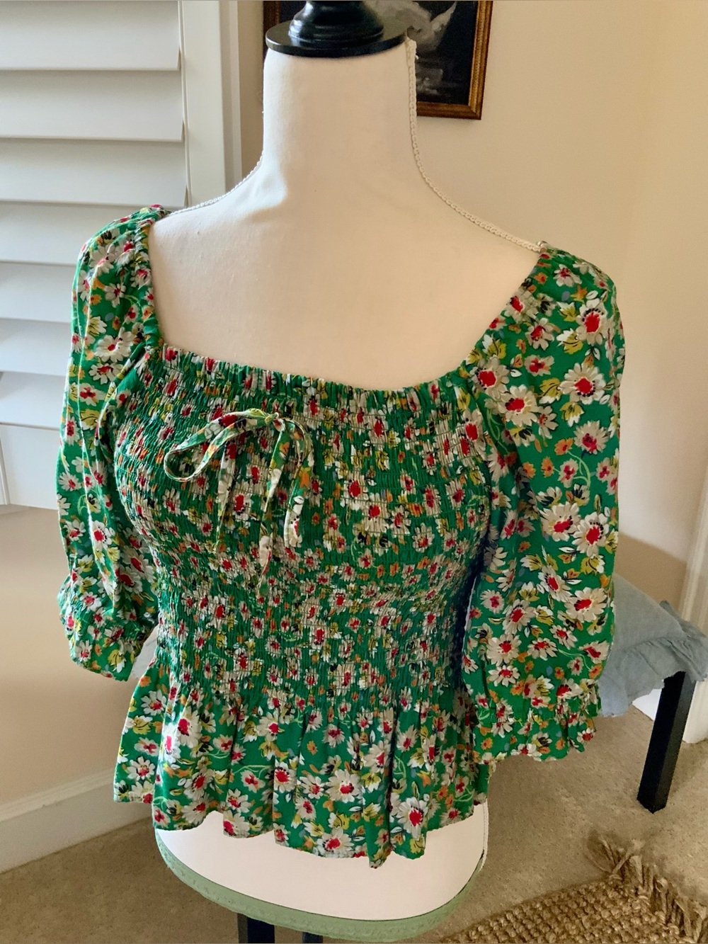 Indigo Rising Green Floral Smocked Peplum Top